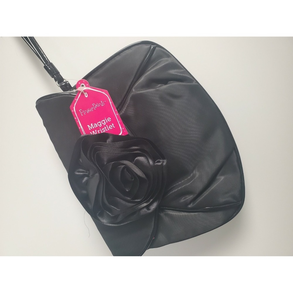 FingerPaints Maggie Wristlet Black Satin Rose‎ Evening Bag NWT
